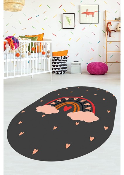 Kaymaz Taban Yıkanabilir Kalpli Gökküşağı Desenli Oval Çocuk Odası Halısı, O-Çocuk-15-Antrasit, indirimleri