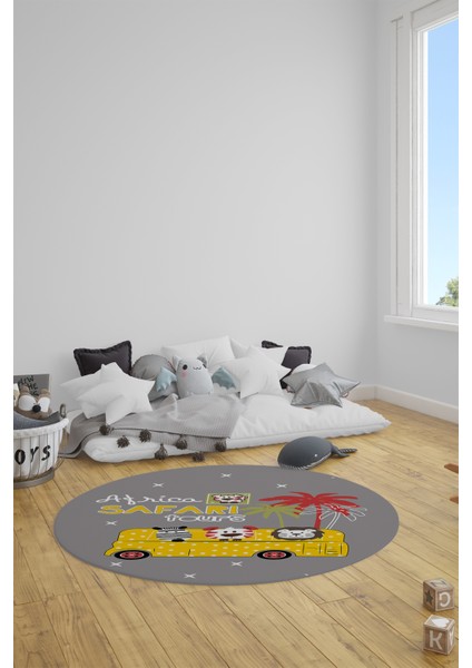Dijital Kaymaz Yıkanabilir Otobüs Safari Desenli Yuvarlak Çocuk Odası Halısı, Y-Çocuk-01-Sarı,