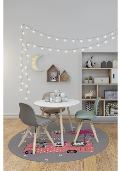 Dijital Kaymaz Yıkanabilir Otobüs Safari Desenli Yuvarlak Çocuk Odası Halısı, Y-Çocuk-01-Pembe,