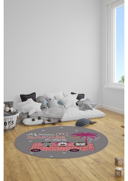 Dijital Kaymaz Yıkanabilir Otobüs Safari Desenli Yuvarlak Çocuk Odası Halısı, Y-Çocuk-01-Pembe, fiyatları