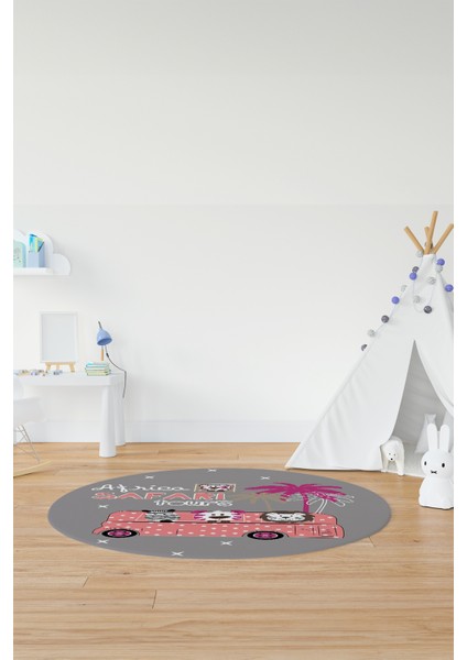 Dijital Kaymaz Yıkanabilir Otobüs Safari Desenli Yuvarlak Çocuk Odası Halısı, Y-Çocuk-01-Pembe, modelleri