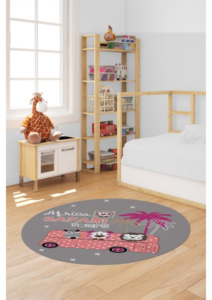Dijital Kaymaz Yıkanabilir Otobüs Safari Desenli Yuvarlak Çocuk Odası Halısı, Y-Çocuk-01-Pembe, fırsatları
