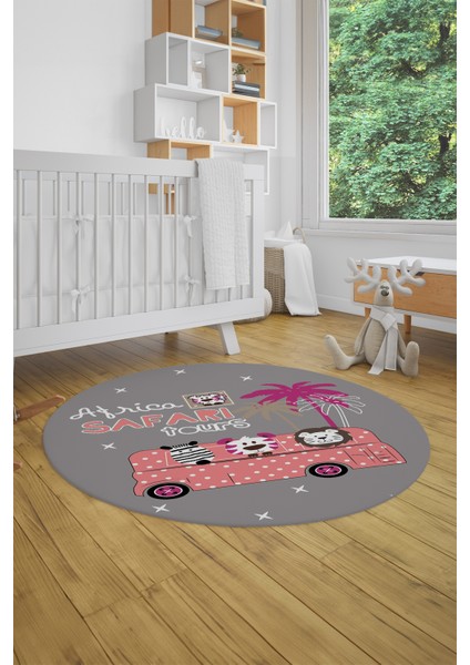 Dijital Kaymaz Yıkanabilir Otobüs Safari Desenli Yuvarlak Çocuk Odası Halısı, Y-Çocuk-01-Pembe, indirimleri