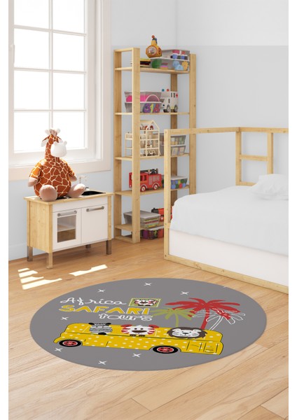 Dijital Kaymaz Yıkanabilir Otobüs Safari Desenli Yuvarlak Çocuk Odası Halısı, Y-Çocuk-01-Sarı,