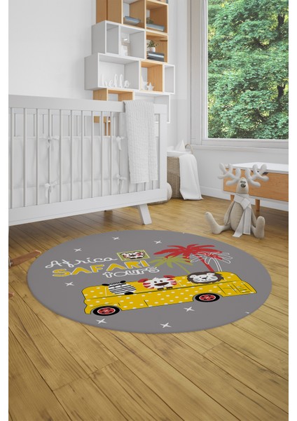 Dijital Kaymaz Yıkanabilir Otobüs Safari Desenli Yuvarlak Çocuk Odası Halısı, Y-Çocuk-01-Sarı,