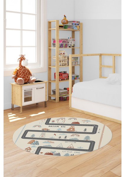 Kaymaz Taban Yıkanabilir Trafik Yollu Eğlendirici Yuvarlak Çocuk Odası Halısı, Y-Çocuk-16-Krem,