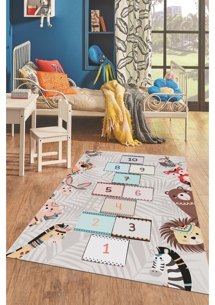 Dijital Baskılı Kaymaz Yıkanabilir Sek Sek Desen Eğlendirici Çocuk Odası Halısı, Çocuk-28-Gri,