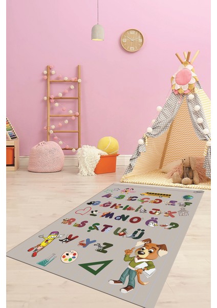 Dijital Baskılı Kaymaz Yıkanabilir Alfabe Eğitici Çocuk Odası Oyun Halısı, Çocuk-33-Gri,
