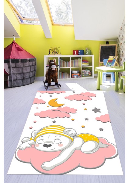 Dijital Baskılı Kaymaz Yıkanabilir Sevimli Ayıcık Desen Çocuk Odası Halısı, Çocuk-34-Pembe,