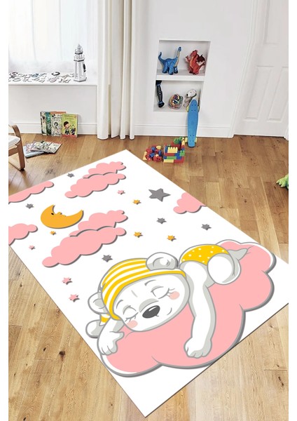 Dijital Baskılı Kaymaz Yıkanabilir Sevimli Ayıcık Desen Çocuk Odası Halısı, Çocuk-34-Pembe, modelleri