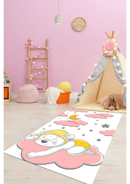 Dijital Baskılı Kaymaz Yıkanabilir Sevimli Ayıcık Desen Çocuk Odası Halısı, Çocuk-34-Pembe, indirimleri
