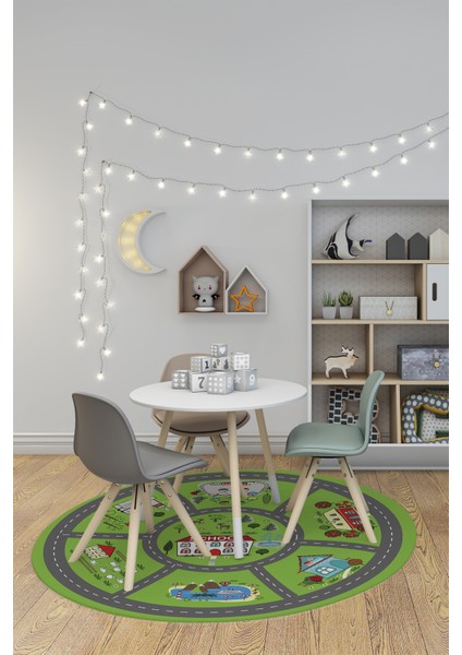 Dijital Kaymaz Yıkanabilir Trafik Araba Yollu Yuvarlak Çocuk Odası Halısı, Y-Çocuk-02-Yeşil,