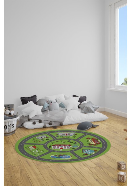 Dijital Kaymaz Yıkanabilir Trafik Araba Yollu Yuvarlak Çocuk Odası Halısı, Y-Çocuk-02-Yeşil, fiyatları