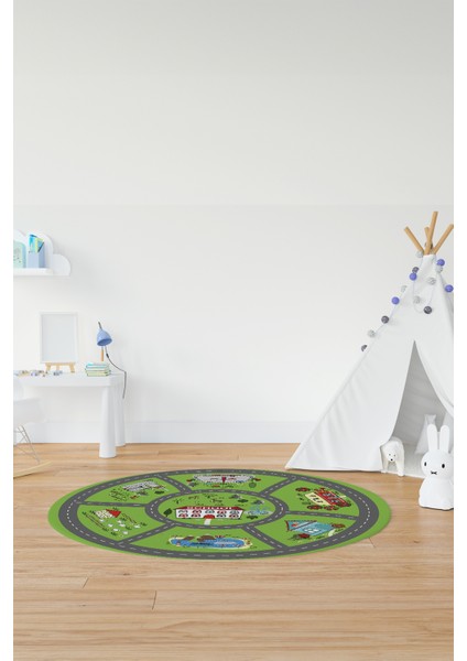 Dijital Kaymaz Yıkanabilir Trafik Araba Yollu Yuvarlak Çocuk Odası Halısı, Y-Çocuk-02-Yeşil, modelleri