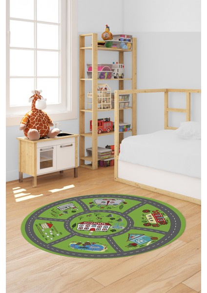 Dijital Kaymaz Yıkanabilir Trafik Araba Yollu Yuvarlak Çocuk Odası Halısı, Y-Çocuk-02-Yeşil, fırsatları