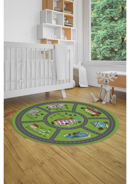 Dijital Kaymaz Yıkanabilir Trafik Araba Yollu Yuvarlak Çocuk Odası Halısı, Y-Çocuk-02-Yeşil, indirimleri
