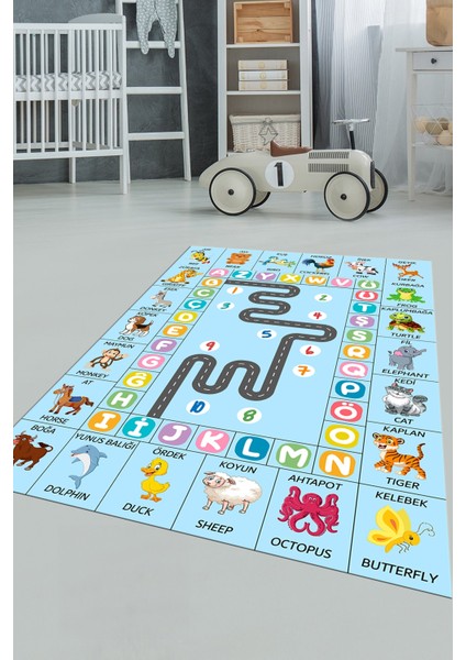 Ingilizce Harf ve Hayvan Temalı Eğitici Çocuk Odası Oyun Halısı, Çocuk-44-Mavi,