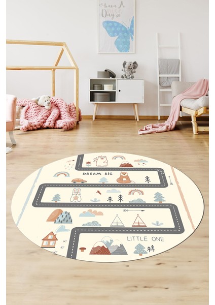 Kaymaz Taban Yıkanabilir Trafik Yollu Eğlendirici Yuvarlak Çocuk Odası Halısı, Y-Çocuk-16-Krem, modelleri