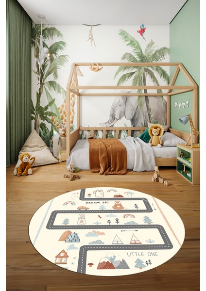 Kaymaz Taban Yıkanabilir Trafik Yollu Eğlendirici Yuvarlak Çocuk Odası Halısı, Y-Çocuk-16-Krem, fırsatları