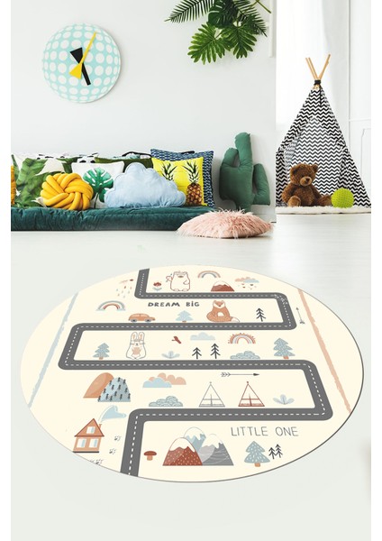 Kaymaz Taban Yıkanabilir Trafik Yollu Eğlendirici Yuvarlak Çocuk Odası Halısı, Y-Çocuk-16-Krem, indirimleri