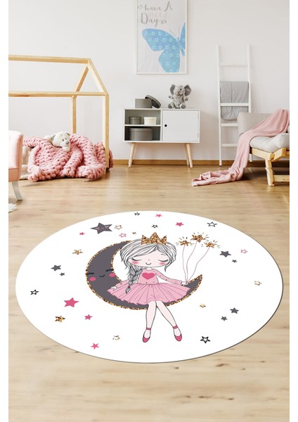 Kaymaz Taban Yıkanabilir Ayda Oturan Prenses Desenli Yuvarlak Çocuk Odası Halısı, Y-Çocuk-13-Beyaz, modelleri