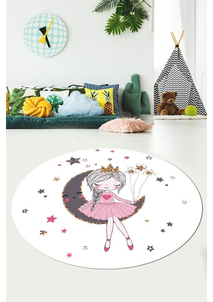 Kaymaz Taban Yıkanabilir Ayda Oturan Prenses Desenli Yuvarlak Çocuk Odası Halısı, Y-Çocuk-13-Beyaz, indirimleri