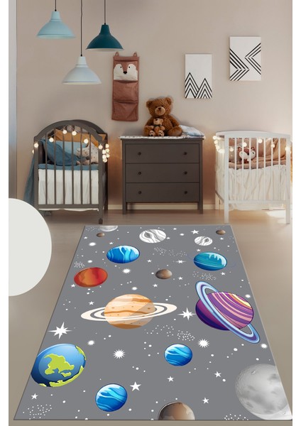 Dijital Baskılı Kaymaz Yıkanabilir Uzay Temalı Çocuk Odası Halısı, Çocuk-38-Gri, fiyatları