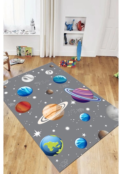 Dijital Baskılı Kaymaz Yıkanabilir Uzay Temalı Çocuk Odası Halısı, Çocuk-38-Gri, modelleri