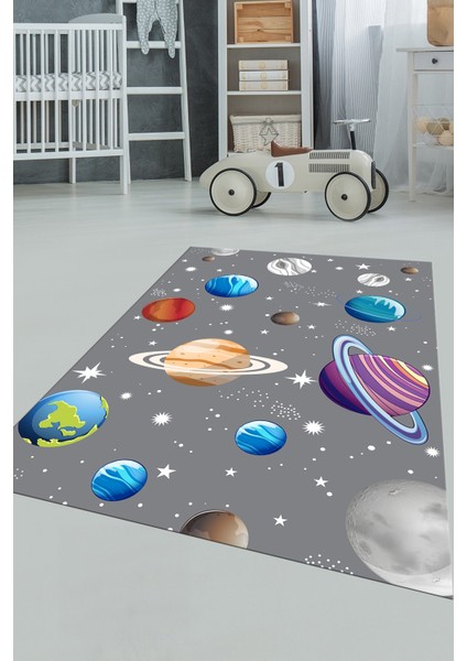 Dijital Baskılı Kaymaz Yıkanabilir Uzay Temalı Çocuk Odası Halısı, Çocuk-38-Gri, fırsatları