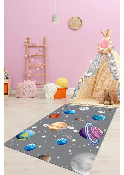 Dijital Baskılı Kaymaz Yıkanabilir Uzay Temalı Çocuk Odası Halısı, Çocuk-38-Gri, indirimleri