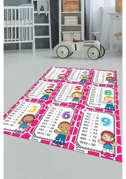 Çarpım Tablosu Temalı Yıkanabilir Eğitici Çocuk Odası Oyun Halısı, Çocuk-45-Pembe,