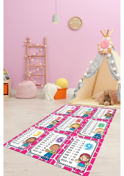 Çarpım Tablosu Temalı Yıkanabilir Eğitici Çocuk Odası Oyun Halısı, Çocuk-45-Pembe,