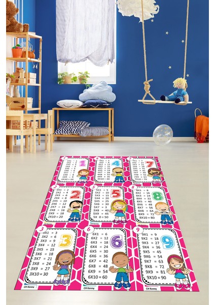 Çarpım Tablosu Temalı Yıkanabilir Eğitici Çocuk Odası Oyun Halısı, Çocuk-45-Pembe,