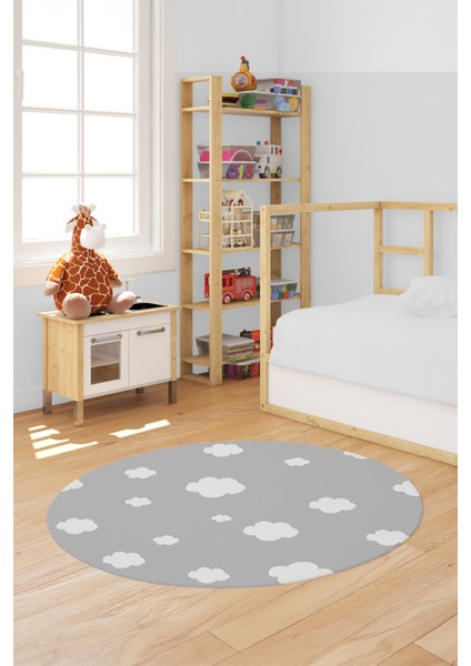 Dijital Baskılı Kaymaz Yıkanabilir Bulut Desenli Yuvarlak Çocuk Odası Halısı, Y-Çocuk-08-Gri, fırsatları