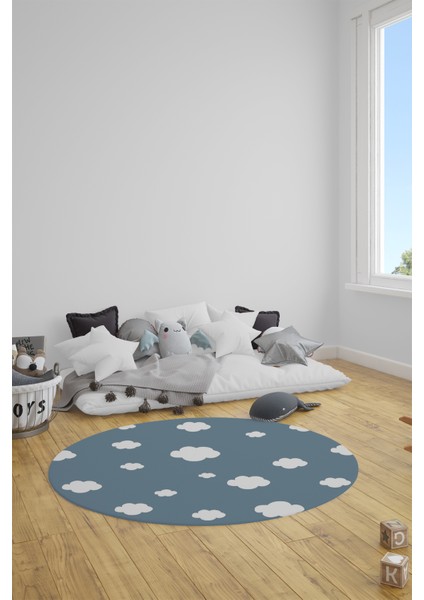 Dijital Baskılı Kaymaz Yıkanabilir Bulut Desenli Yuvarlak Çocuk Odası Halısı, Y-Çocuk-08-Mavi, fiyatları