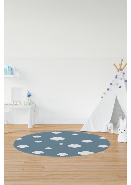 Dijital Baskılı Kaymaz Yıkanabilir Bulut Desenli Yuvarlak Çocuk Odası Halısı, Y-Çocuk-08-Mavi, modelleri