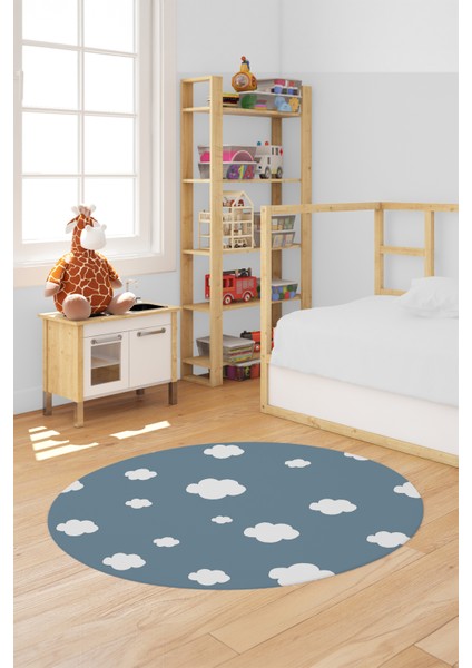 Dijital Baskılı Kaymaz Yıkanabilir Bulut Desenli Yuvarlak Çocuk Odası Halısı, Y-Çocuk-08-Mavi, fırsatları