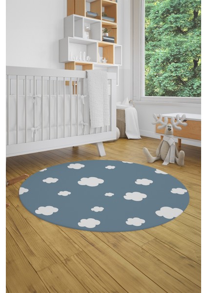Dijital Baskılı Kaymaz Yıkanabilir Bulut Desenli Yuvarlak Çocuk Odası Halısı, Y-Çocuk-08-Mavi, indirimleri