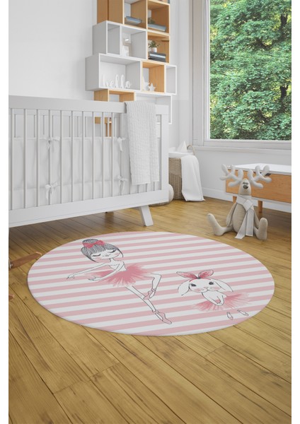 Dijital Kaymaz Yıkanabilir Balerin Kız Desenli Yuvarlak Çocuk Odası Halısı, Y-Çocuk-09-Pembe,