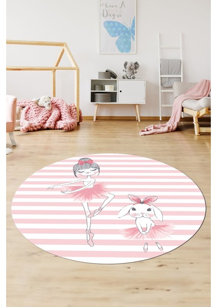 Dijital Kaymaz Yıkanabilir Balerin Kız Desenli Yuvarlak Çocuk Odası Halısı, Y-Çocuk-09-Pembe,