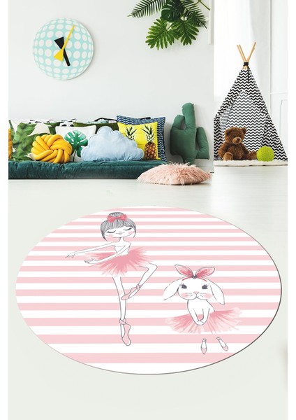 Dijital Kaymaz Yıkanabilir Balerin Kız Desenli Yuvarlak Çocuk Odası Halısı, Y-Çocuk-09-Pembe,