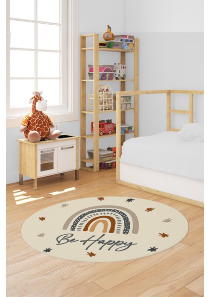 Kaymaz Taban Yıkanabilir Be Happy Yazılı Gökküşağı Desen Yuvarlak Çocuk Halısı, Y-Çocuk-14-Krem,