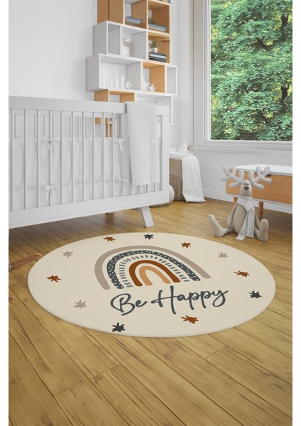 Kaymaz Taban Yıkanabilir Be Happy Yazılı Gökküşağı Desen Yuvarlak Çocuk Halısı, Y-Çocuk-14-Krem, fiyatları