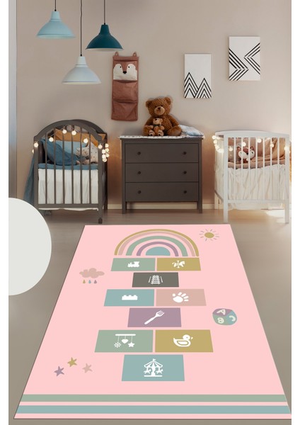 Dijital Baskılı Kaymaz Yıkanabilir Sek Sek Eğitici Çocuk Odası Oyun Halısı, Çocuk-31-Pembe, modelleri