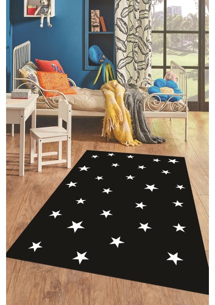 Dijital Baskılı Kaymaz Yıkanabilir Yıldız Desen Çocuk Odası Oyun Halısı, Çocuk-32-Siyah,