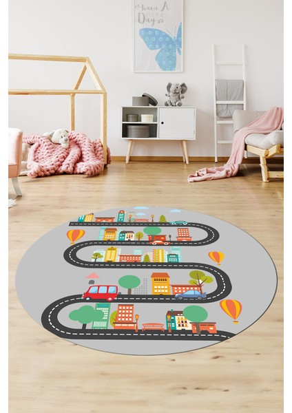Kaymaz Taban Yıkanabilir Trafik Araba Eğlendirici Yuvarlak Çocuk Odası Halısı, Y-Çocuk-18-Gri, fiyatları