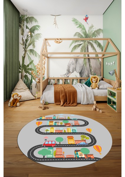 Kaymaz Taban Yıkanabilir Trafik Araba Eğlendirici Yuvarlak Çocuk Odası Halısı, Y-Çocuk-18-Gri, modelleri