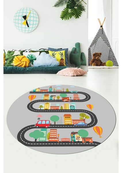 Kaymaz Taban Yıkanabilir Trafik Araba Eğlendirici Yuvarlak Çocuk Odası Halısı, Y-Çocuk-18-Gri, fırsatları