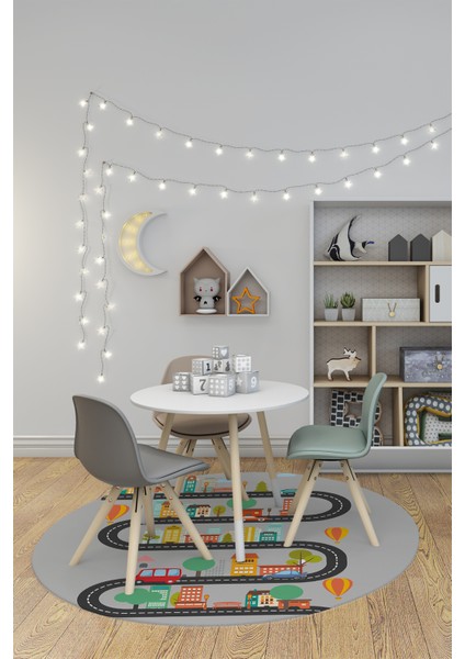 Kaymaz Taban Yıkanabilir Trafik Araba Eğlendirici Yuvarlak Çocuk Odası Halısı, Y-Çocuk-18-Gri, indirimleri