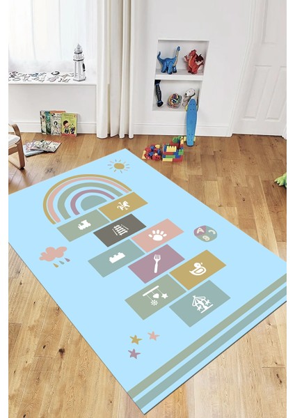 Dijital Baskılı Kaymaz Yıkanabilir Sek Sek Eğitici Çocuk Odası Oyun Halısı, Çocuk-31-Mavi, fırsatları